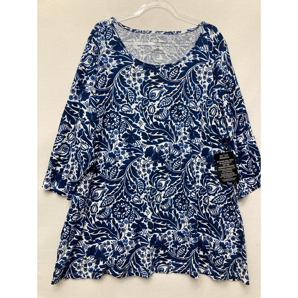 Woman Within Tunic Top size 26/28 Blue Floral 3/4 Sleeve Pockets Stretch Knit